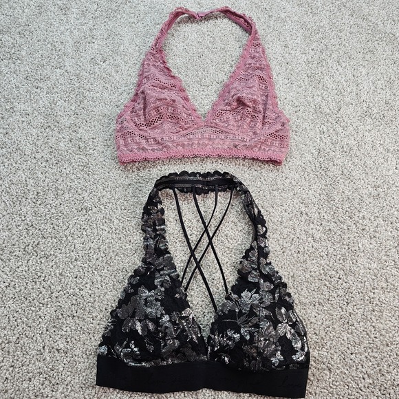 PINK Victorias Secret Bundle Black Silver Floral Pink Lace Halter Bralette Small - Picture 1 of 8